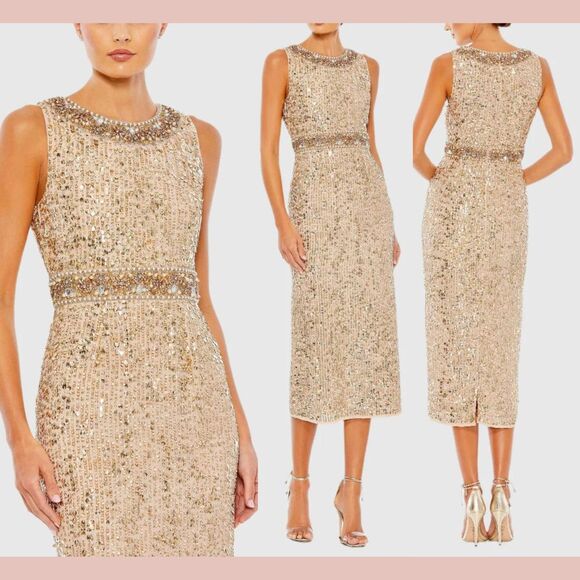 NWT Mac Duggal [ 8 ]‎ Embellished Sleeveless High Neck Midi Dress Gold - Picture 1 of 4
